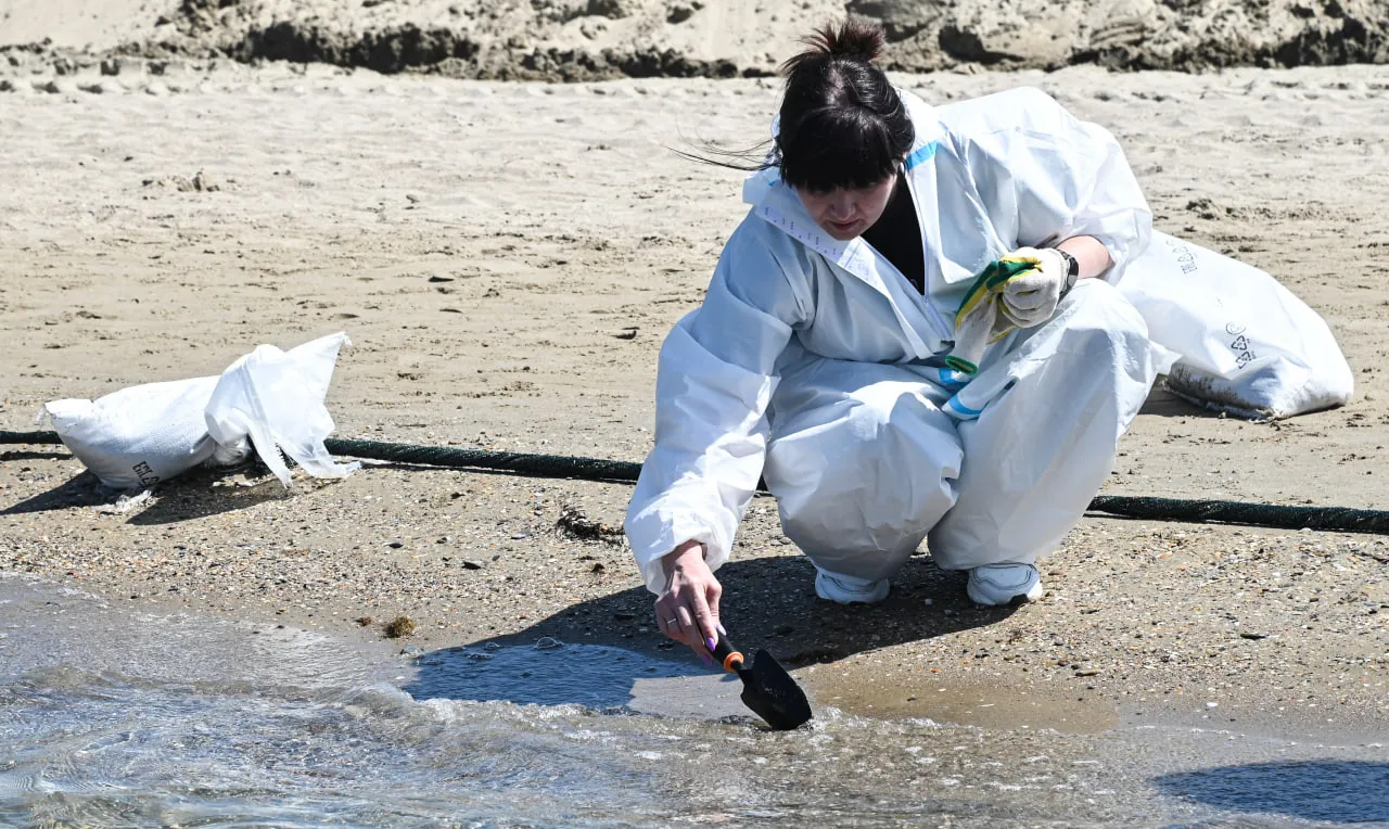 Анапа. Волонтер во время уборки центрального пляжа от нефтепродуктов