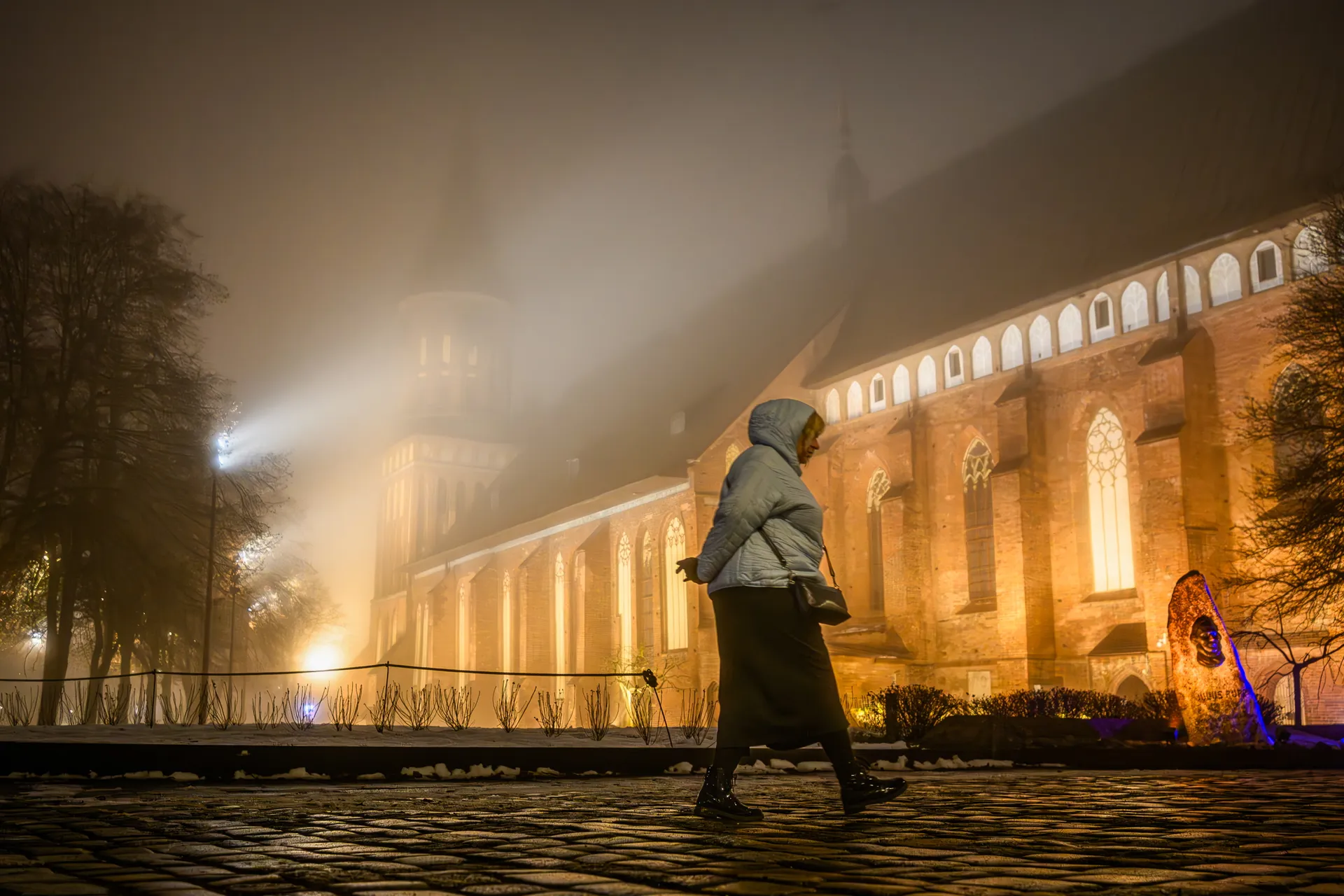 Калининград. Женщина на фоне Кафедрального собора во время тумана