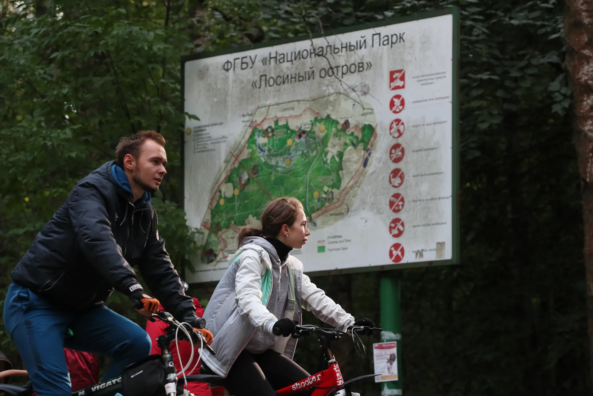 Москва. Отдыхающие во время поездки на велосипеде в национальном парке «Лосиный остров».